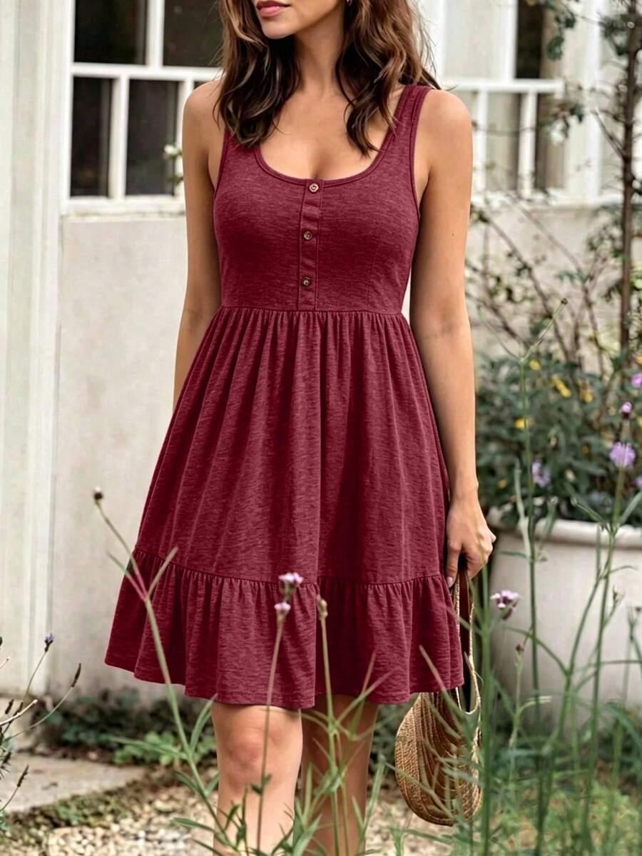 maroon cotton jersey button-front tiered mini dress
