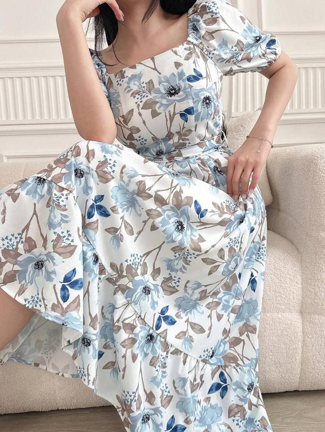 square neck floral print mid-calf dress with sash tie