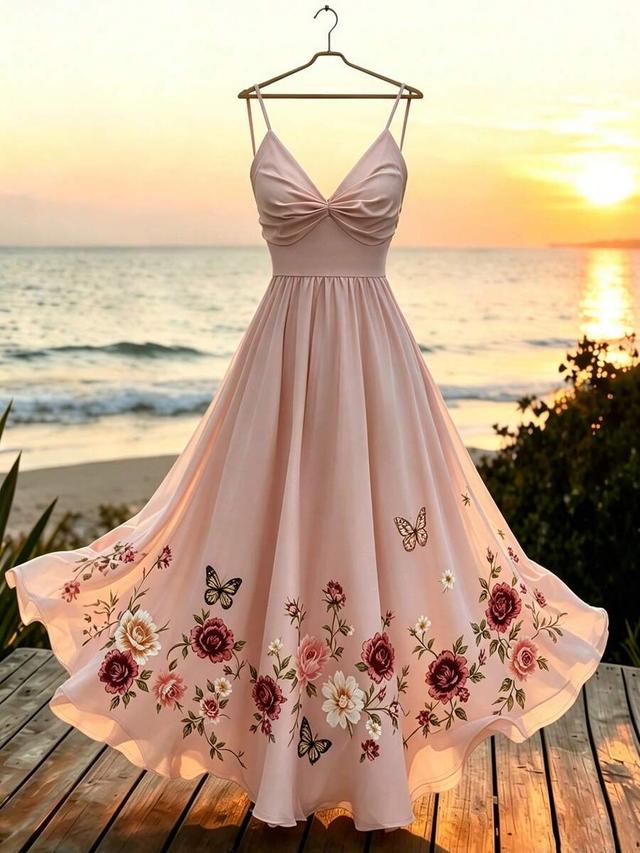 pink v-neck floral butterfly print fit and flare dress