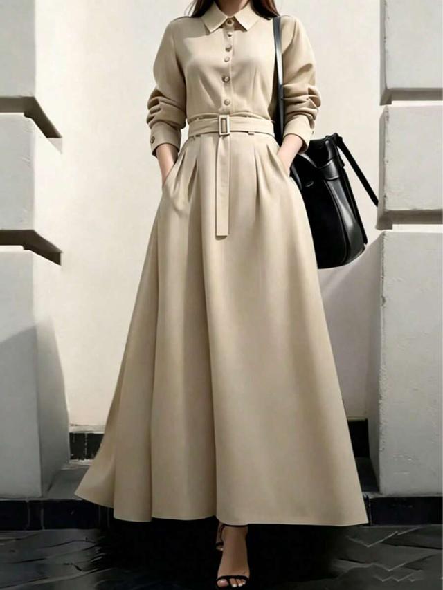 beige elegant front button pocket belt dress