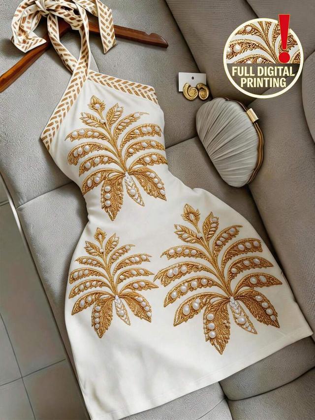 white halter neck dress with gold leaf and pearl embellishment