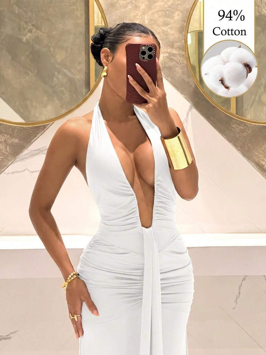 white ruched halter neck deep plunge midi dress