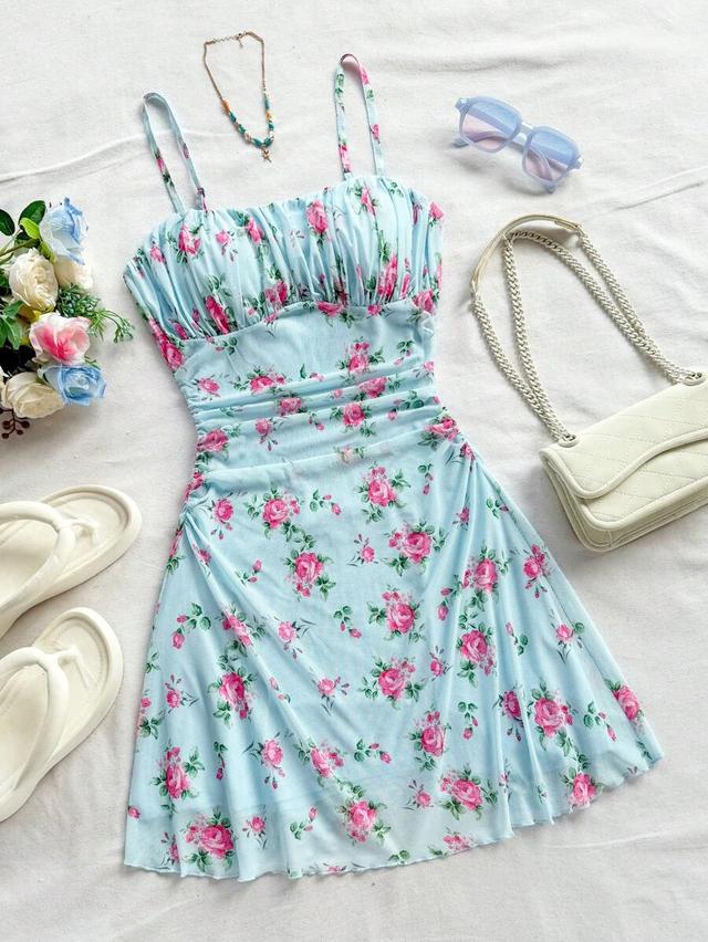 light blue floral ditsy print spaghetti strap mini dress
