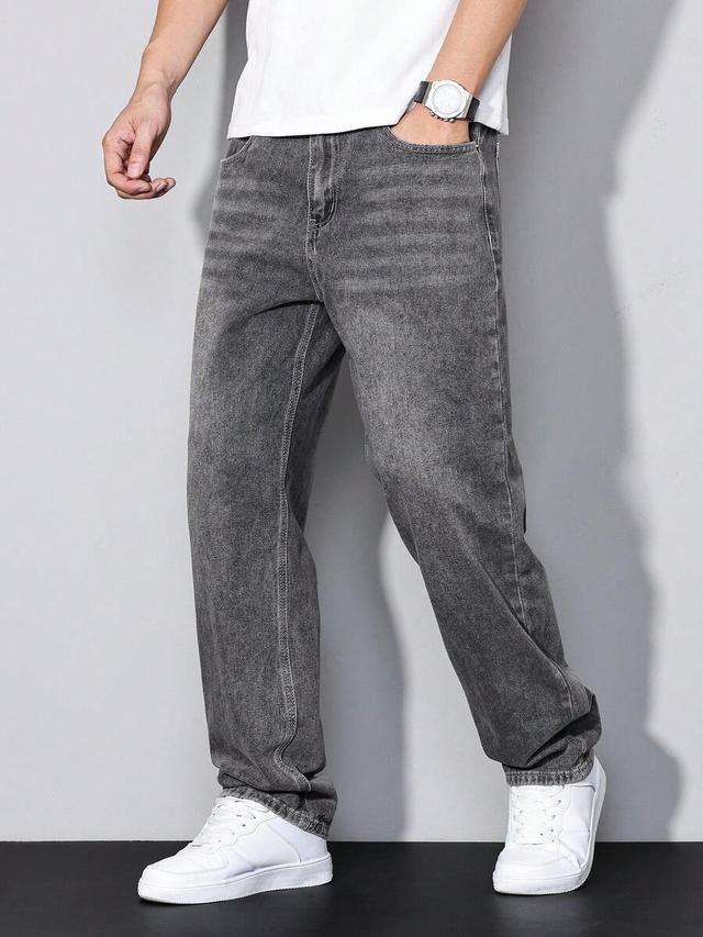 solid grey casual straight-leg denim jeans