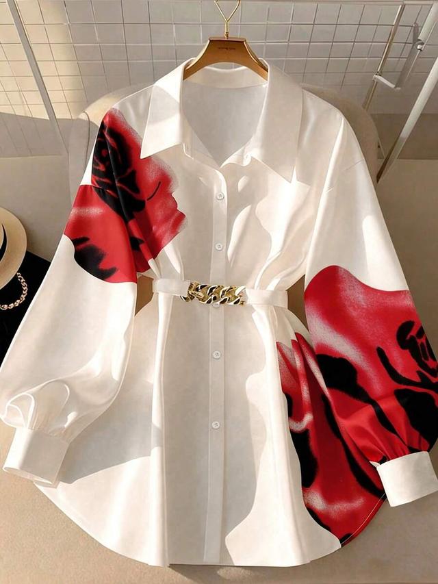 white elegant rose print long sleeve shirt with waist belt