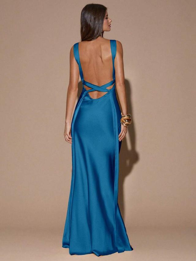 blue satin backless maxi evening dress