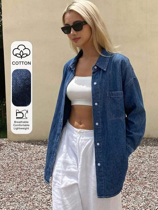 livesso blue cotton turndown collar long sleeve denim top