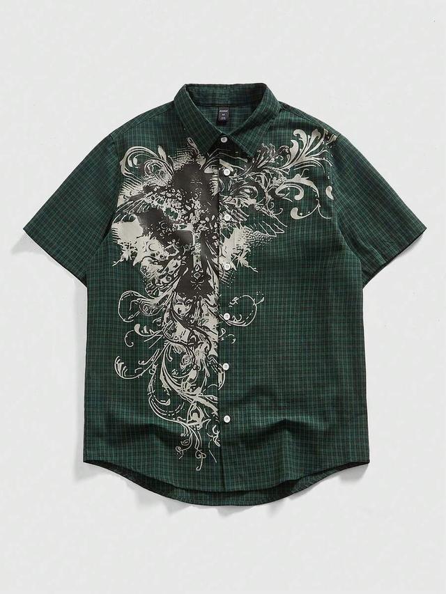 green plaid graphic print short sleeve shirt