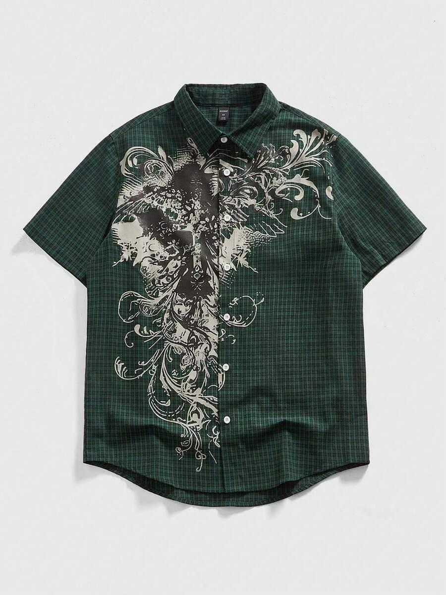 green plaid graphic print short sleeve shirt