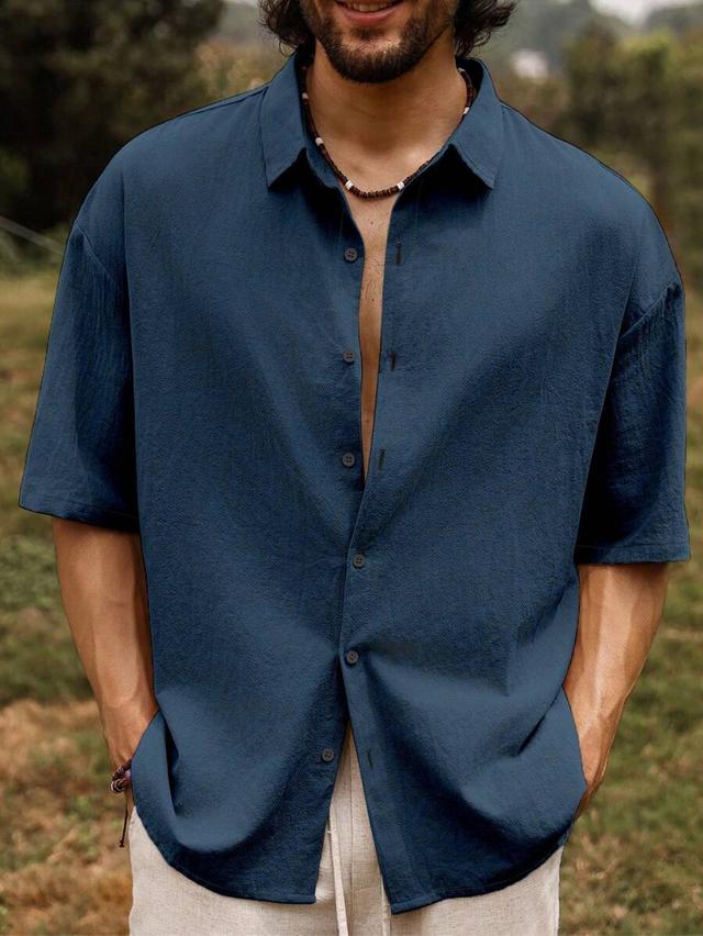 men's solid blue loose fit cotton casual shirt