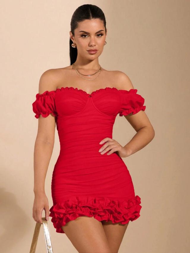 red sweetheart neckline ruched bodycon chiffon party dress
