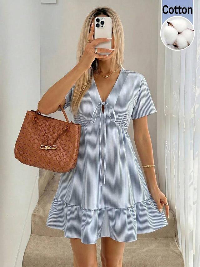 blue and white striped cotton mini dress