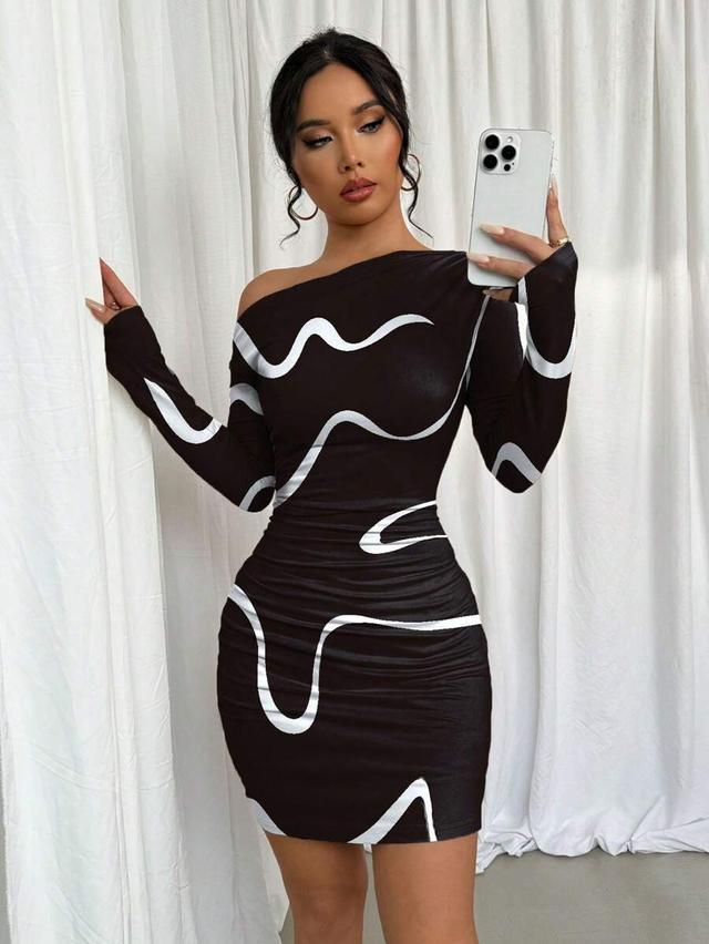 asymmetric ruched long sleeve graffiti print dress