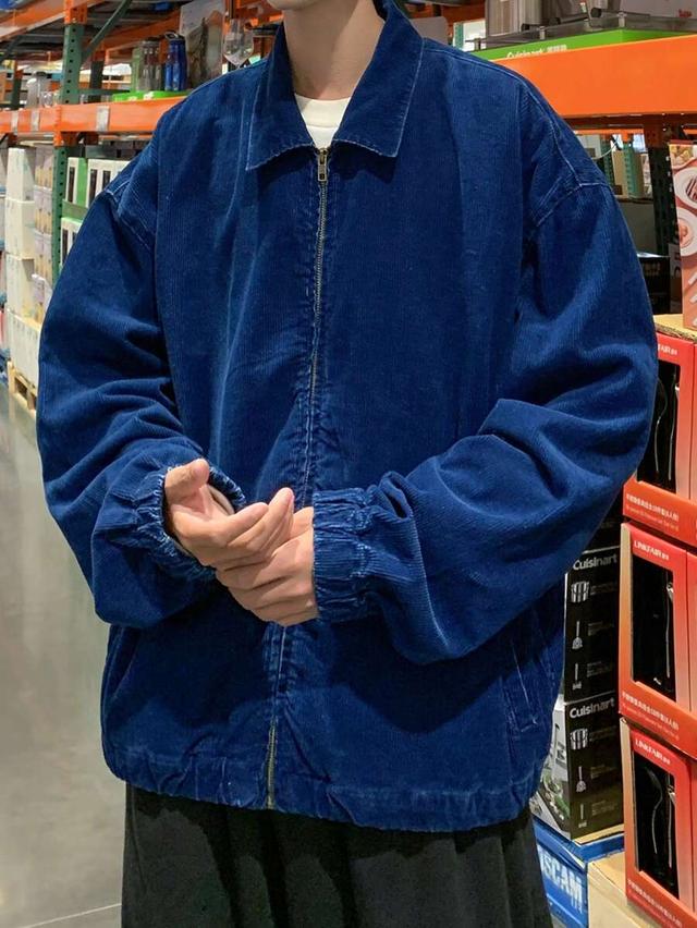 navy washed corduroy casual loose zip-up jacket