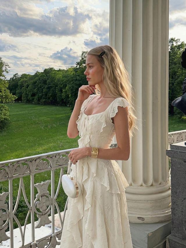 white ruffle hem fitted cottage core dress