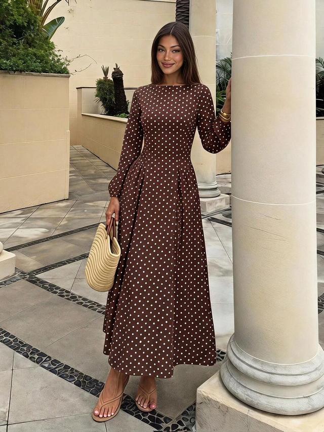 brown and white polka dot pleated long sleeve dress