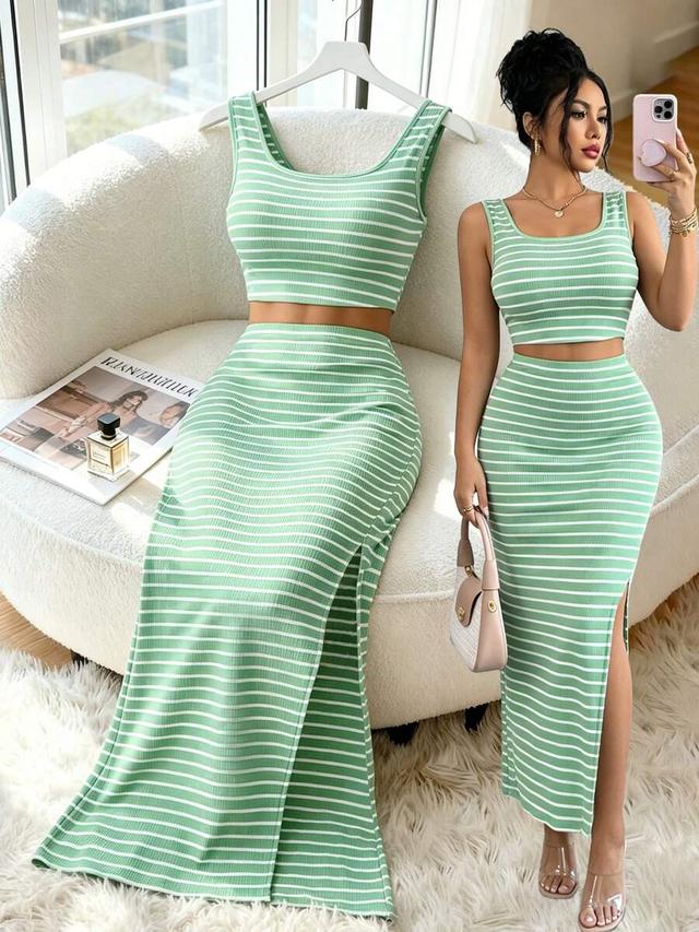 striped square neck cropped tank and side slit skirt