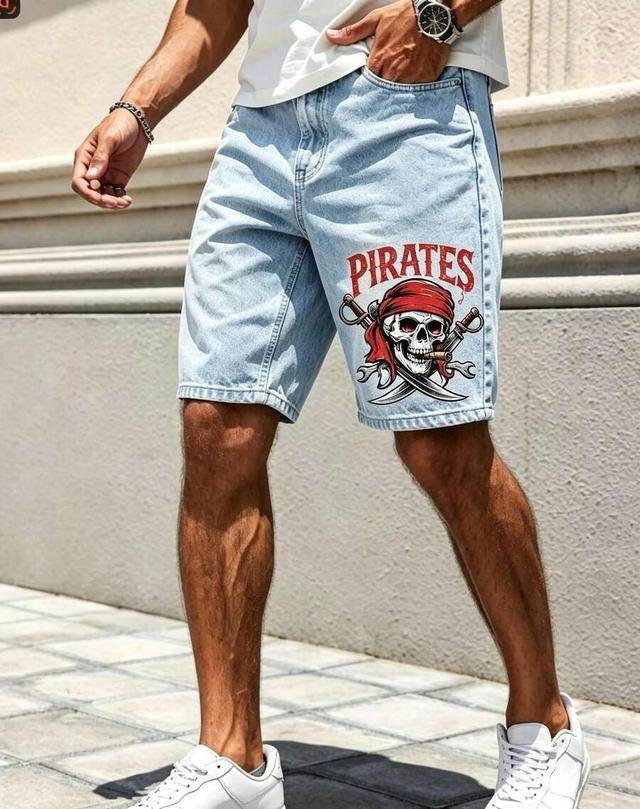 pirate skull sword print light wash denim shorts