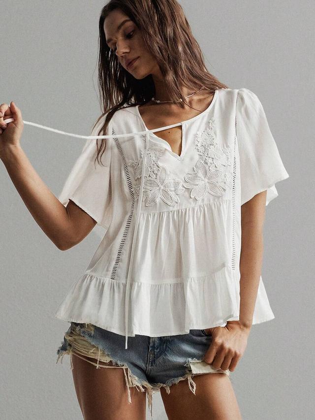 bohemian white patchwork lace v-neck casual top