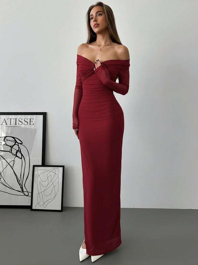 dark red off shoulder ruched mesh bodycon dress