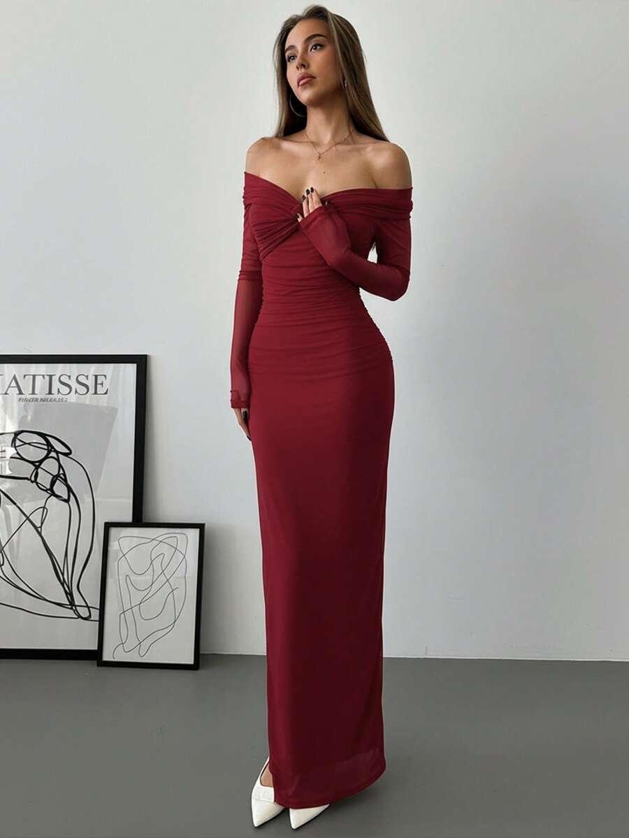 dark red off shoulder ruched mesh bodycon dress