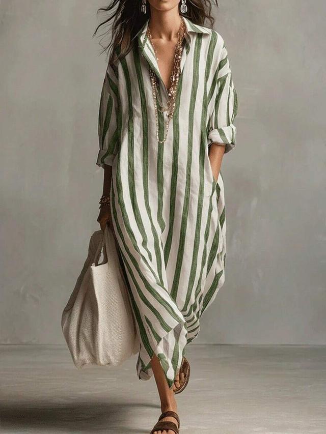 women's summer thin striped lapel casual vacation dress