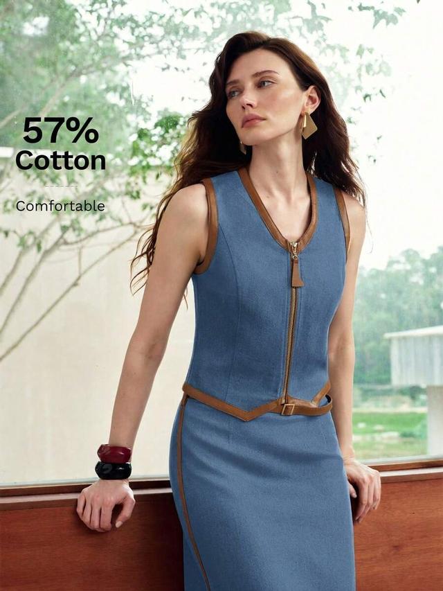 patchwork denim vest with leather trim