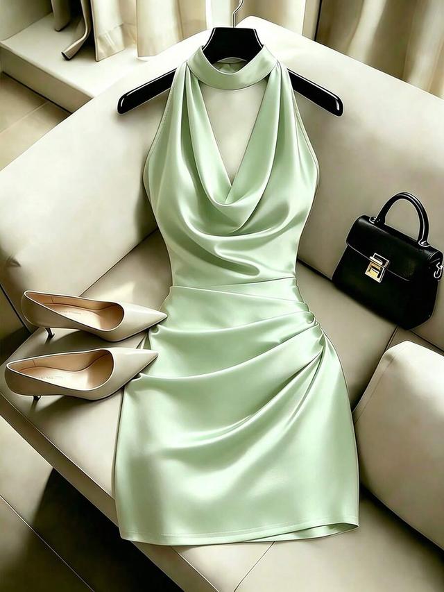 mint green cowl neck satin mini dress