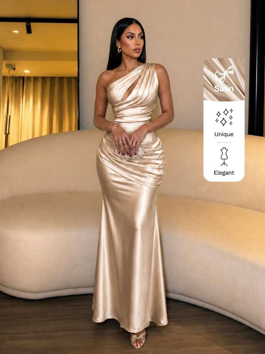 elegant one-shoulder pleated satin maxi evening gown