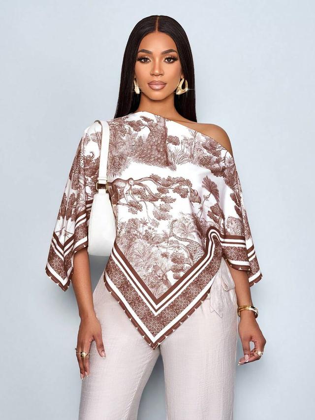 vintage sunset print asymmetric batwing sleeve blouse