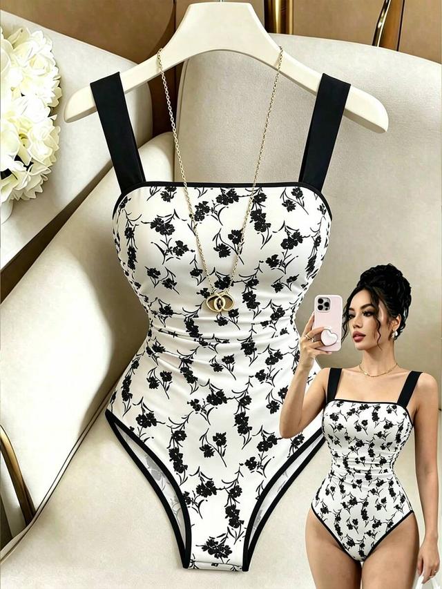 floral print square neck ruched waist bodysuit
