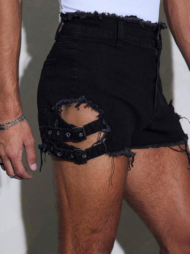 fevercity men's frayed hem eyelet buckle design denim shorts