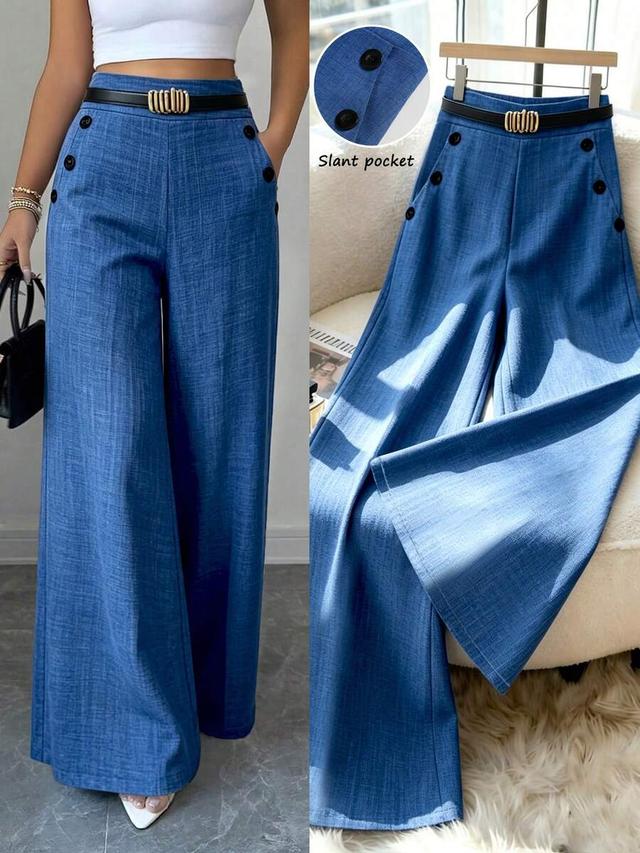 blue solid color high-waisted wide leg trousers