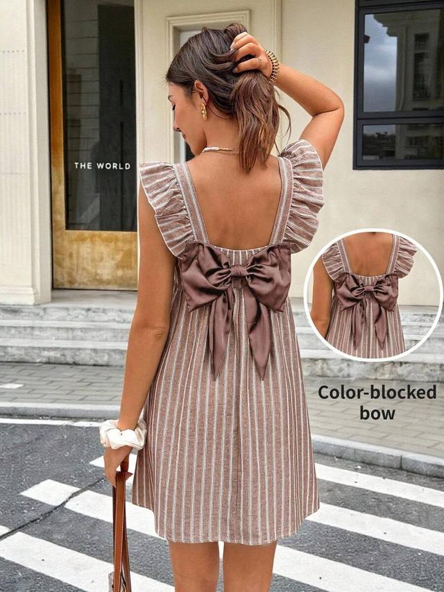 striped cotton blend dress with back bow detail
