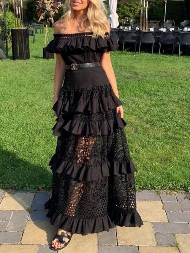 black off-shoulder tiered lace maxi dress