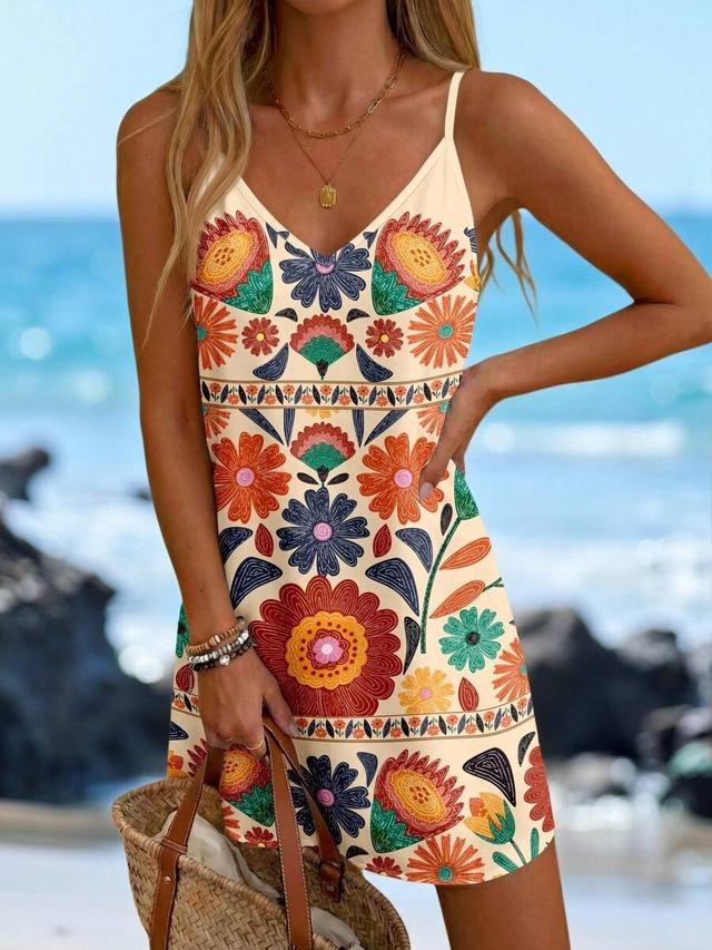 floral print v-neck spaghetti strap summer dress