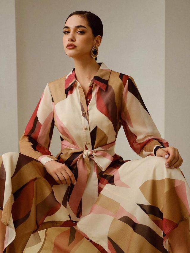 zeylah spring long sleeve belted sheer waist shirt dress