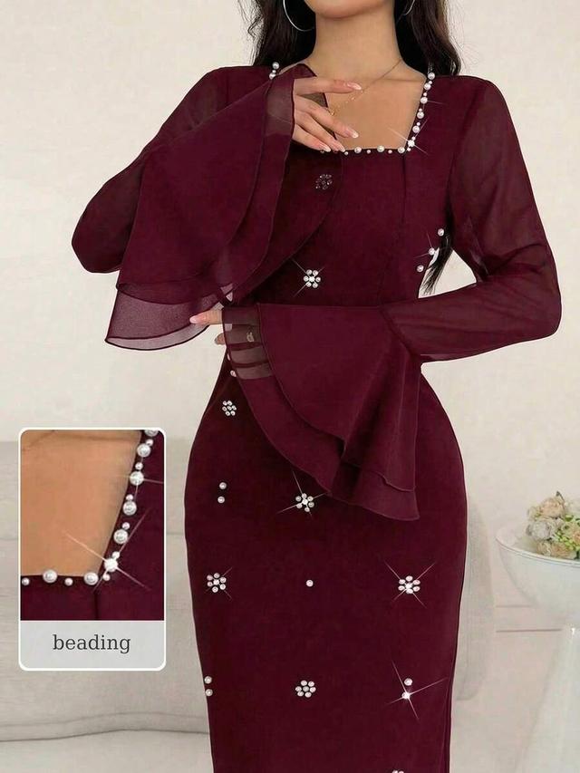 burgundy wine red evening midi dress with pearl trim