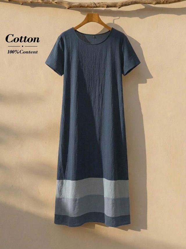 navy blue contrast color round neck cotton dress