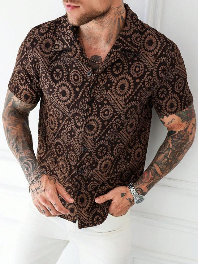 brown geometric jacquard button front short sleeve shirt