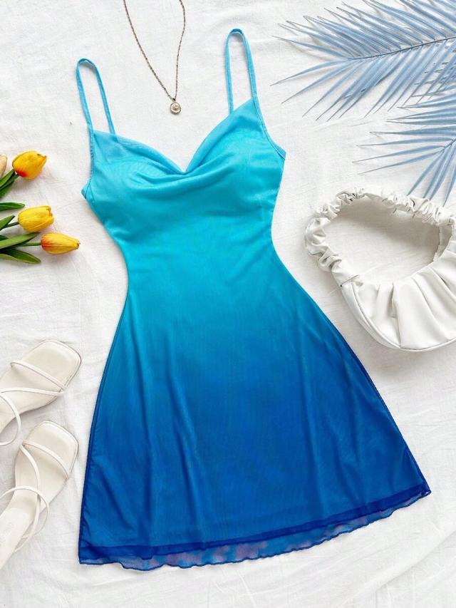 dark blue gradient spaghetti strap draped neck mini dress