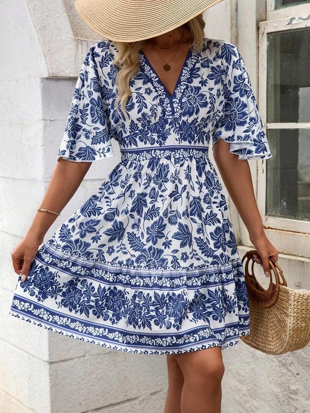 blue and white porcelain print v-neck summer dress