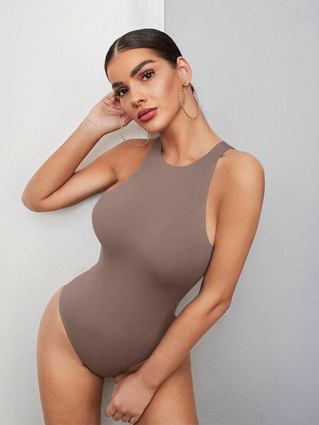 solid brown high neck sleeveless tank bodysuit