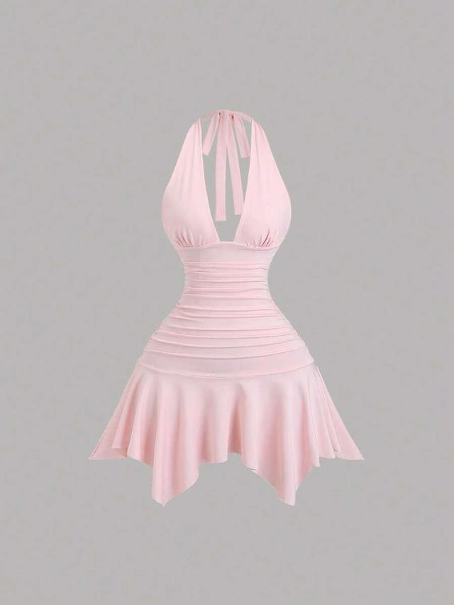 pink asymmetric hem cinched waist mini dress