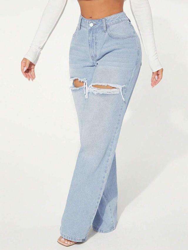 light wash distressed straight leg denim jeans