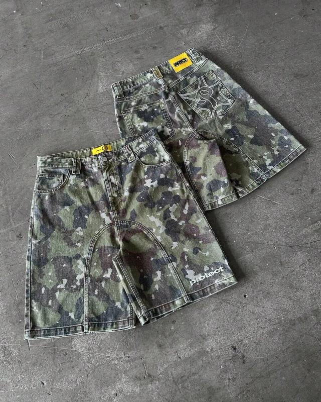 blue white shirt men's camo distressed denim cargo shorts