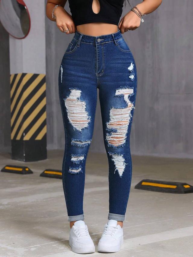 high waist slim fit distressed light wash cotton jeans