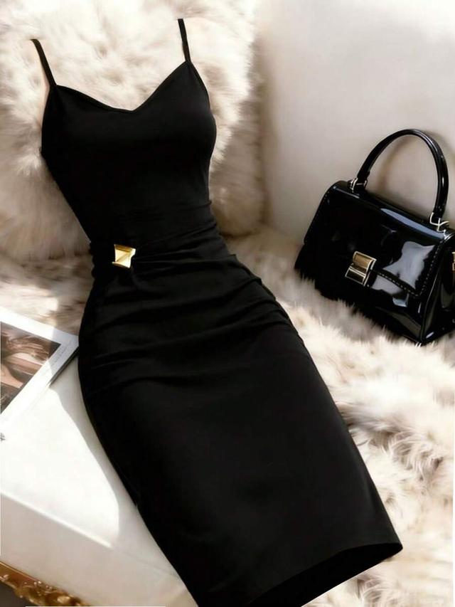 solid black ruched slip dress with metal detail