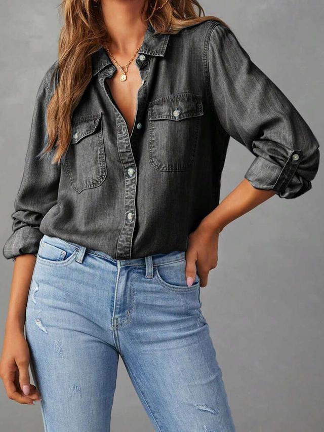 women's charcoal grey denim button-down shirt