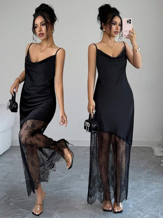 black satin cowl neck dress with lace hem